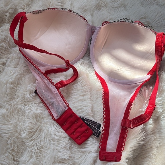 Victoria’s Secret 34D Push Up Bra Pink Red Floral Embroidered Lace Sexy Lingerie - Picture 5 of 8